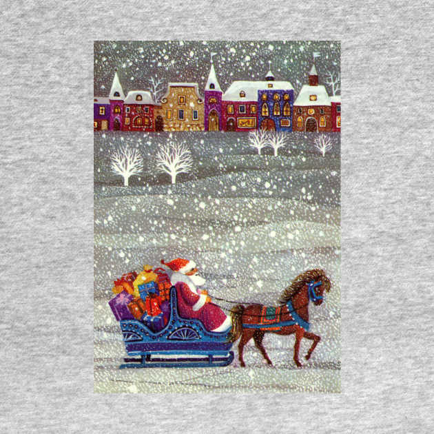 Vintage Santa Claus with Sleigh and Village by MasterpieceCafe